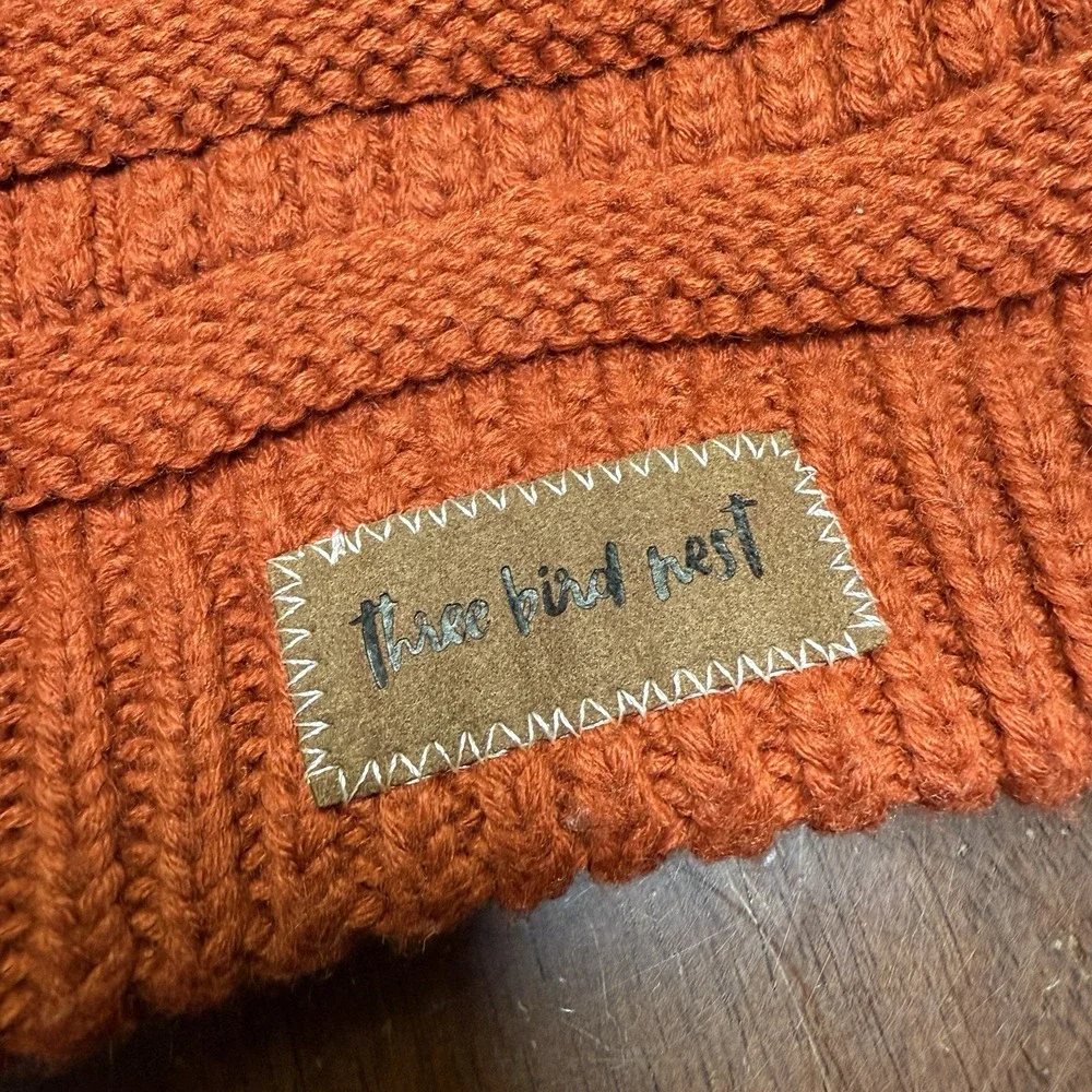 Three Bird Nest Dark Orange Acrylic Knit Winter Patch Hat Ponytail‎